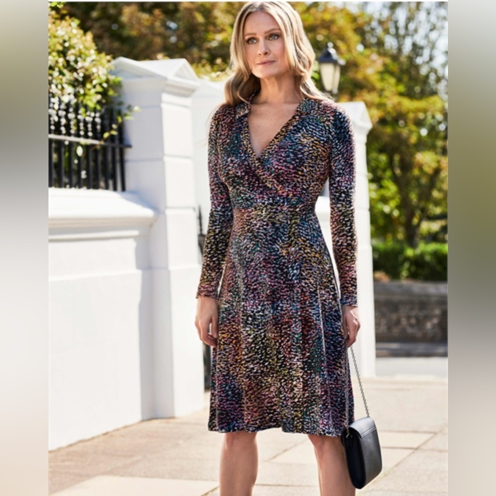 Pure Collection Multicolor Abstract Print Long Sleeve Collard V-Neck Dress Sz:4
